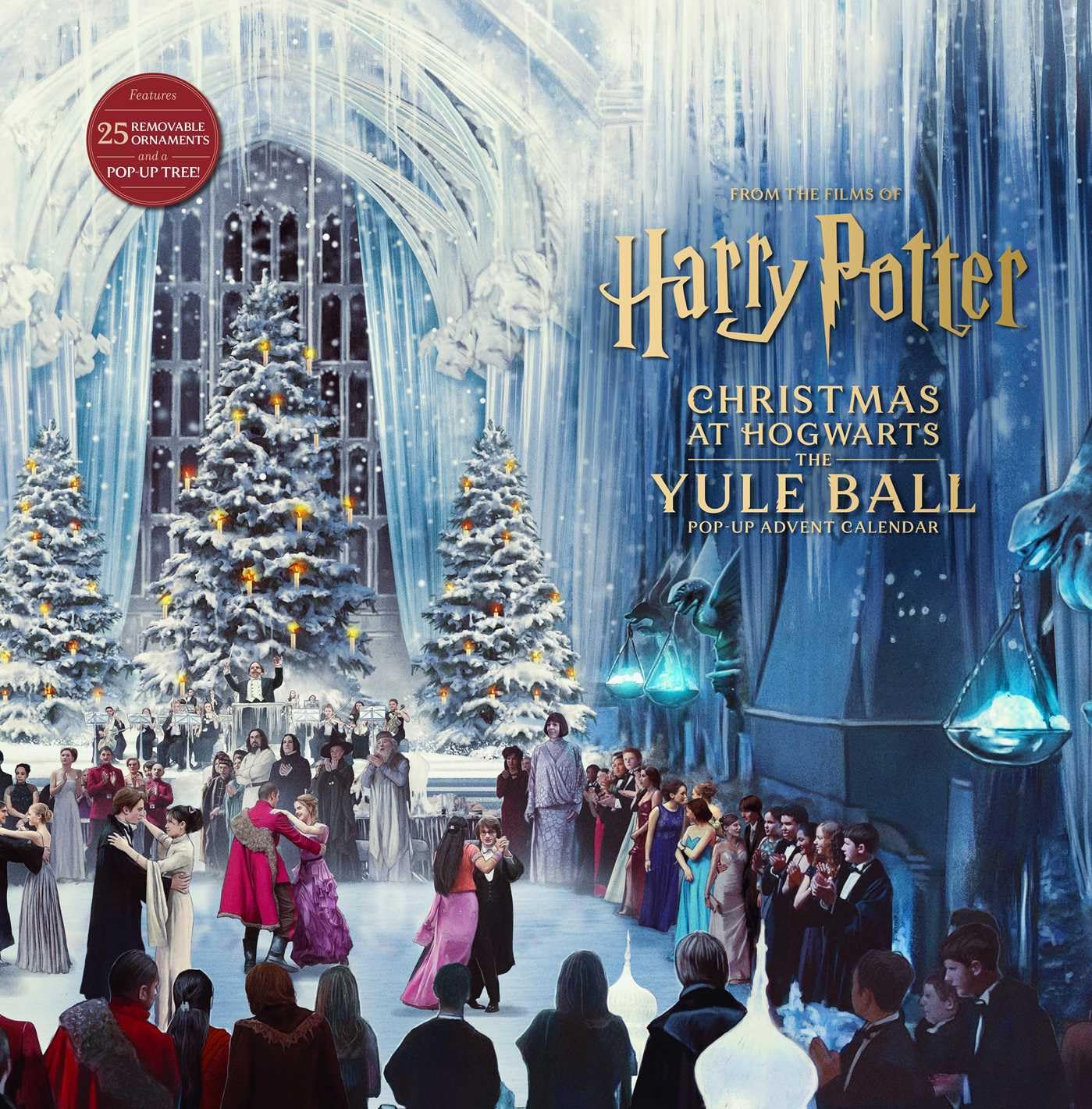 Harry Potter Christmas at Hogwarts Yule Ball Pop-Up Advent Calendar front cover illustration of the Great Hall decorated for the Yule Ball