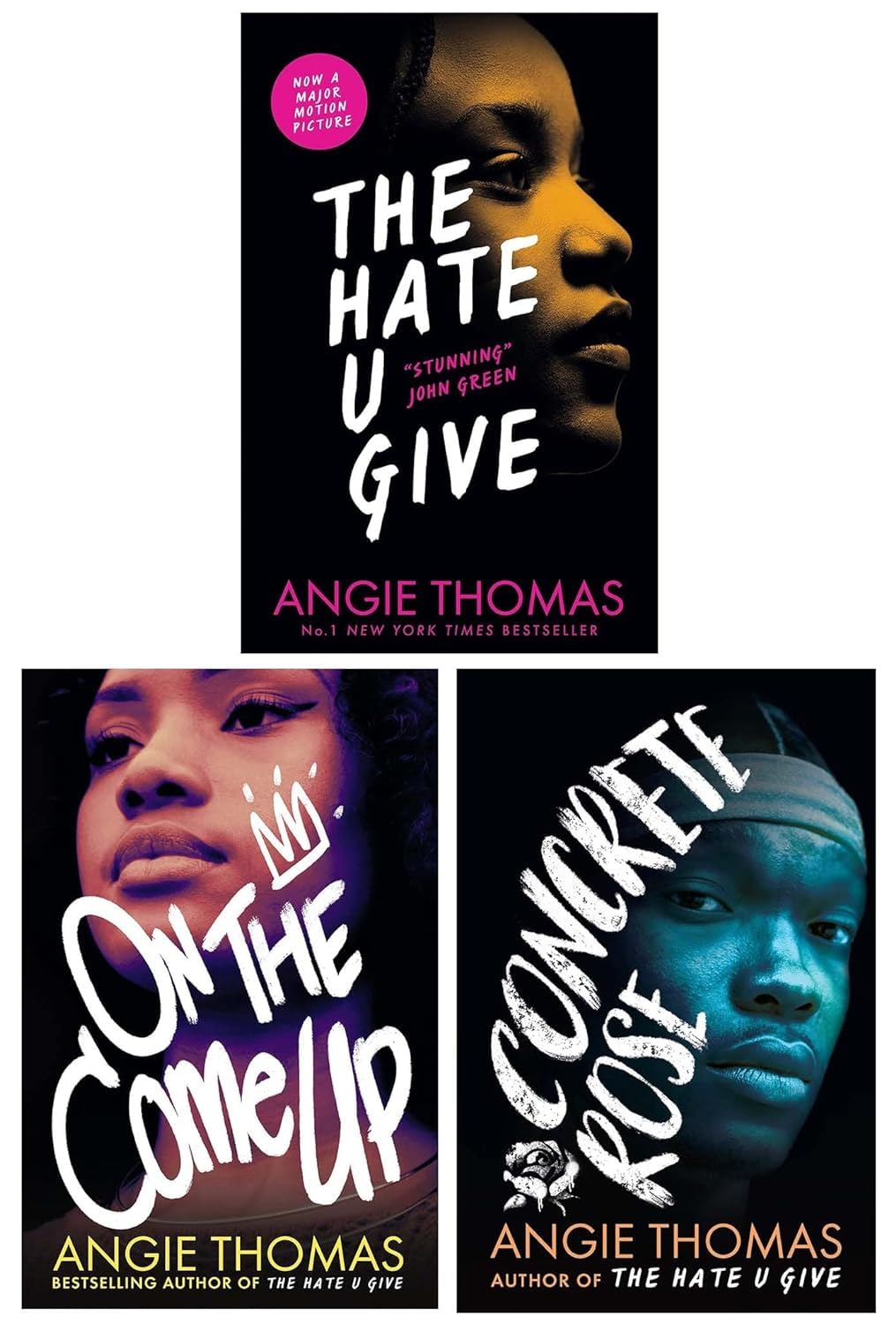 The Hate U Give Series 3 Books Collection Set by Angie Thomas - front covers of The Hate U Give, On the Come Up, and Concrete Rose paperback editions