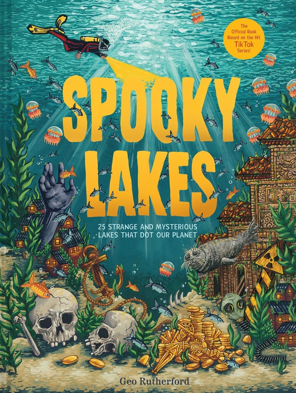 Back cover detail of Spooky Lakes and Spooky Rivers hardcover books by Geo Rutherford showing synopsis text