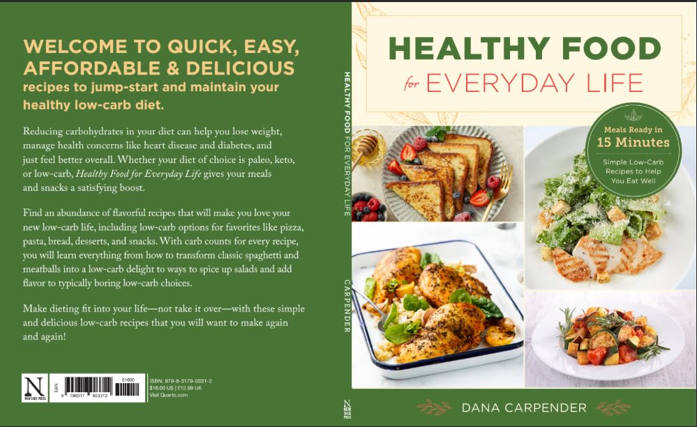 Side angle view of Healthy Food for Everyday Life paperback by Dana Carpender showing spine and book thickness