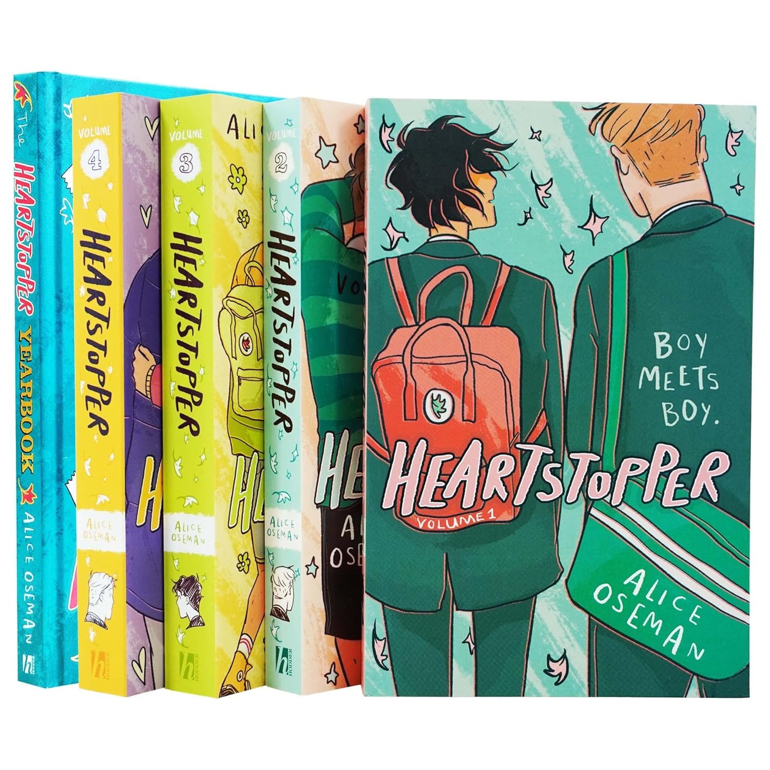 Heartstopper 5 Book Set by Alice Oseman - back cover view showing all five paperback and hardback titles fanned out together