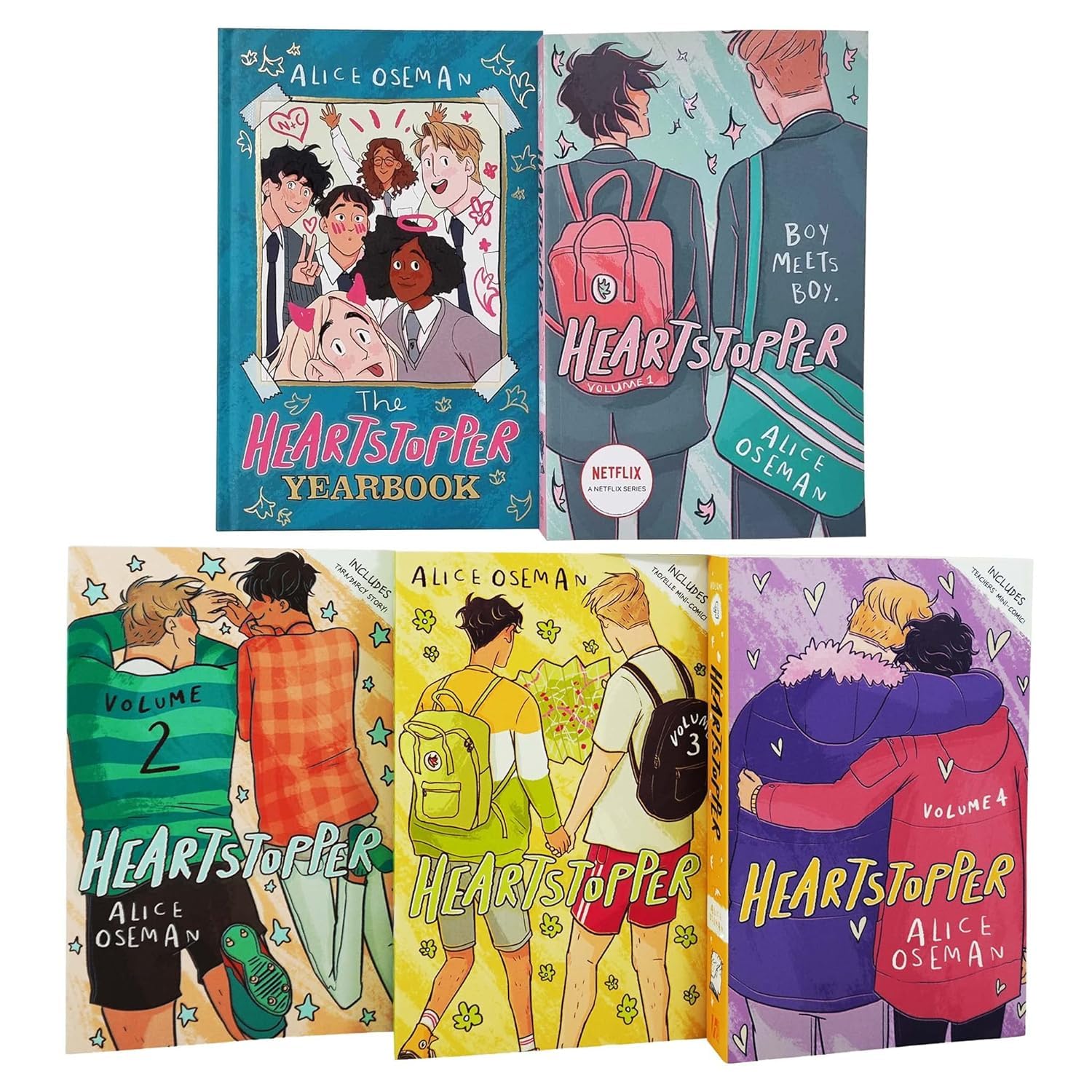 Heartstopper Series 5 Books Collection Set by Alice Oseman - front cover of the box set showing Volumes One to Four and the Yearbook