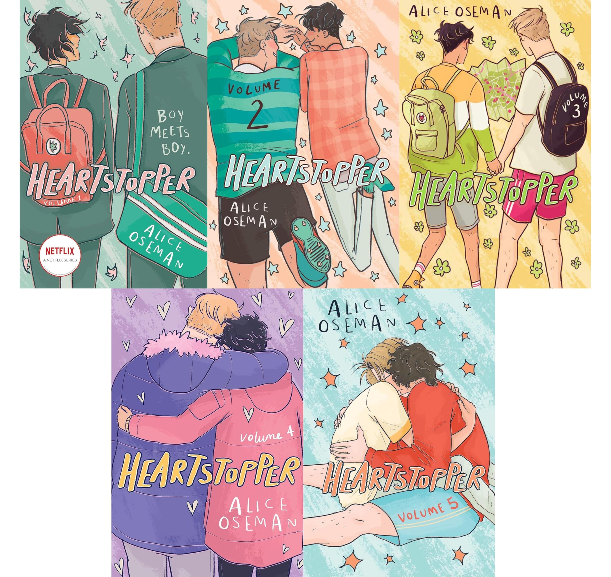 Heartstopper 5-book collection set showing all five paperback volume covers fanned out