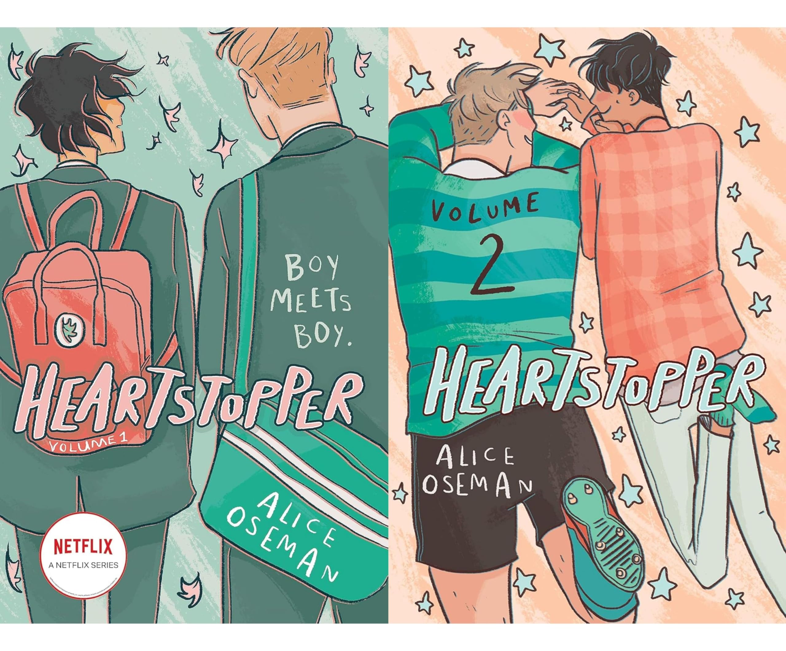 Close-up of Heartstopper Volume 1 and Volume 2 paperback covers by Alice Oseman