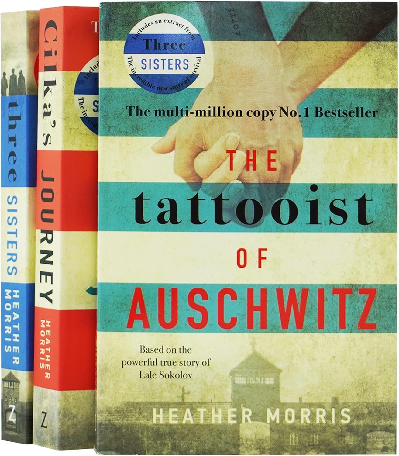 Front cover product photo of the Heather Morris WWII historical fiction 3 book paperback set