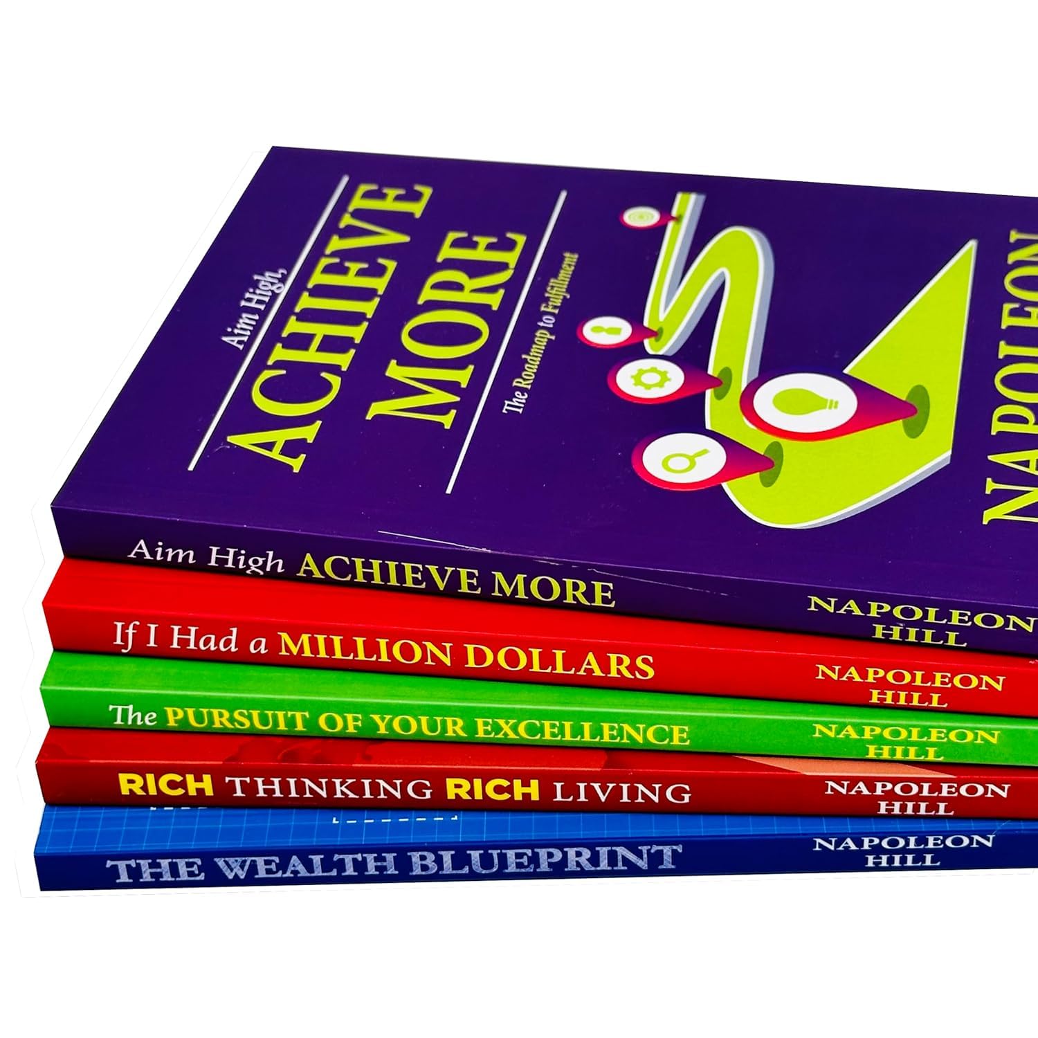 All five paperback books in the Hello Money Series by Napoleon Hill fanned out together