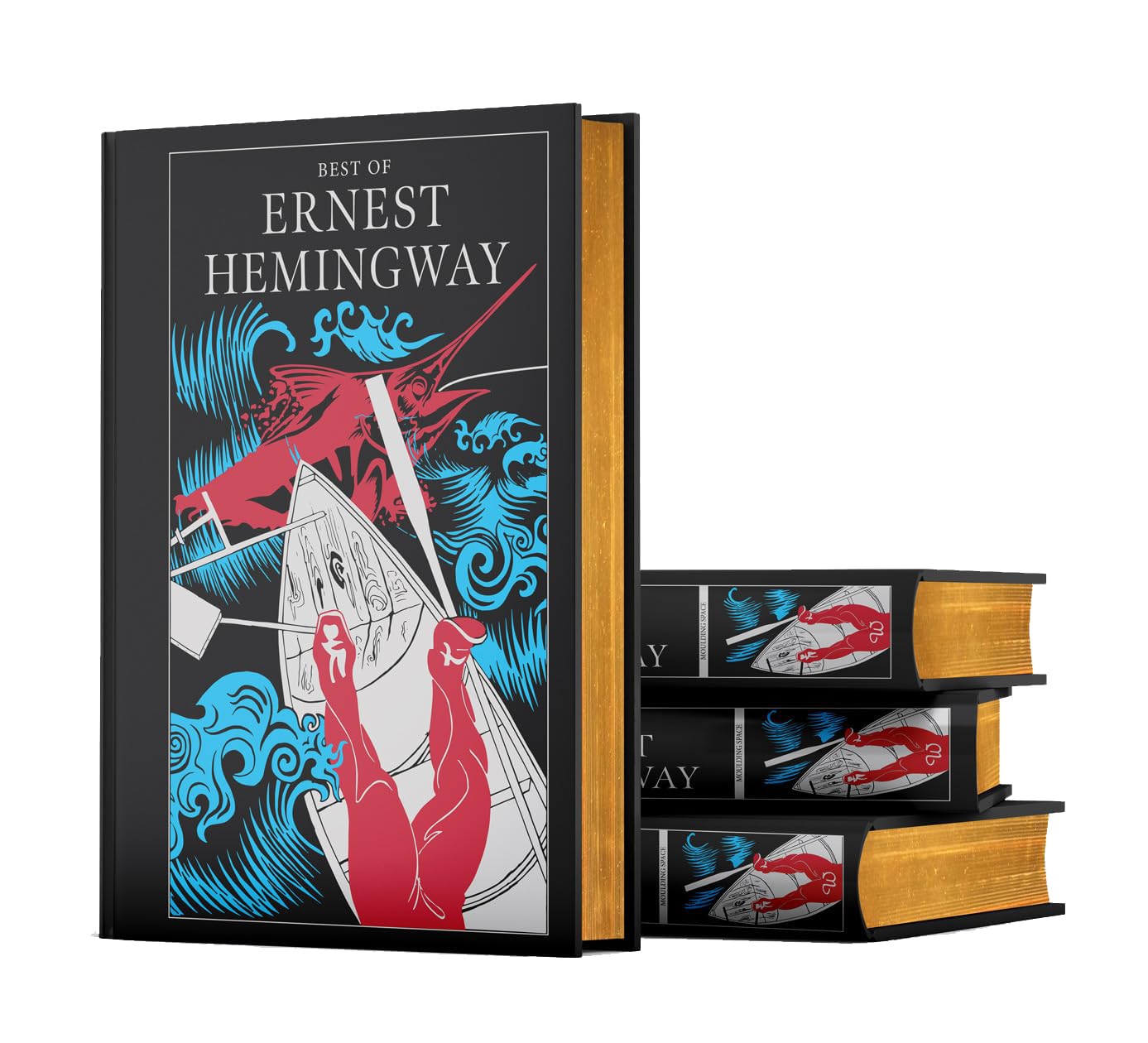 Angled shelf view of the complete Ernest Hemingway 4-book hardback collection set