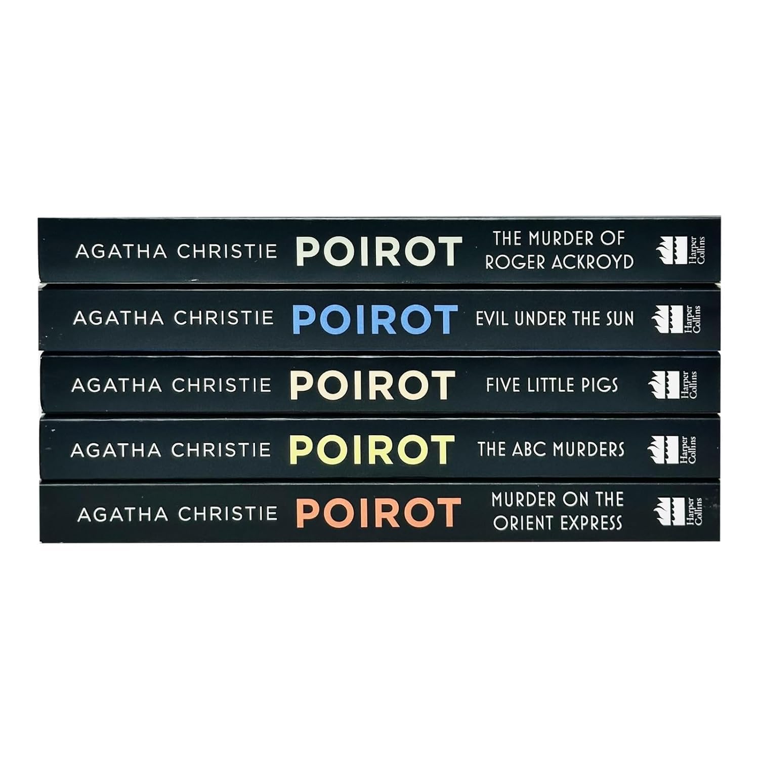 Front covers of the Hercule Poirot 5 book paperback collection set featuring classic Agatha Christie mystery titles.