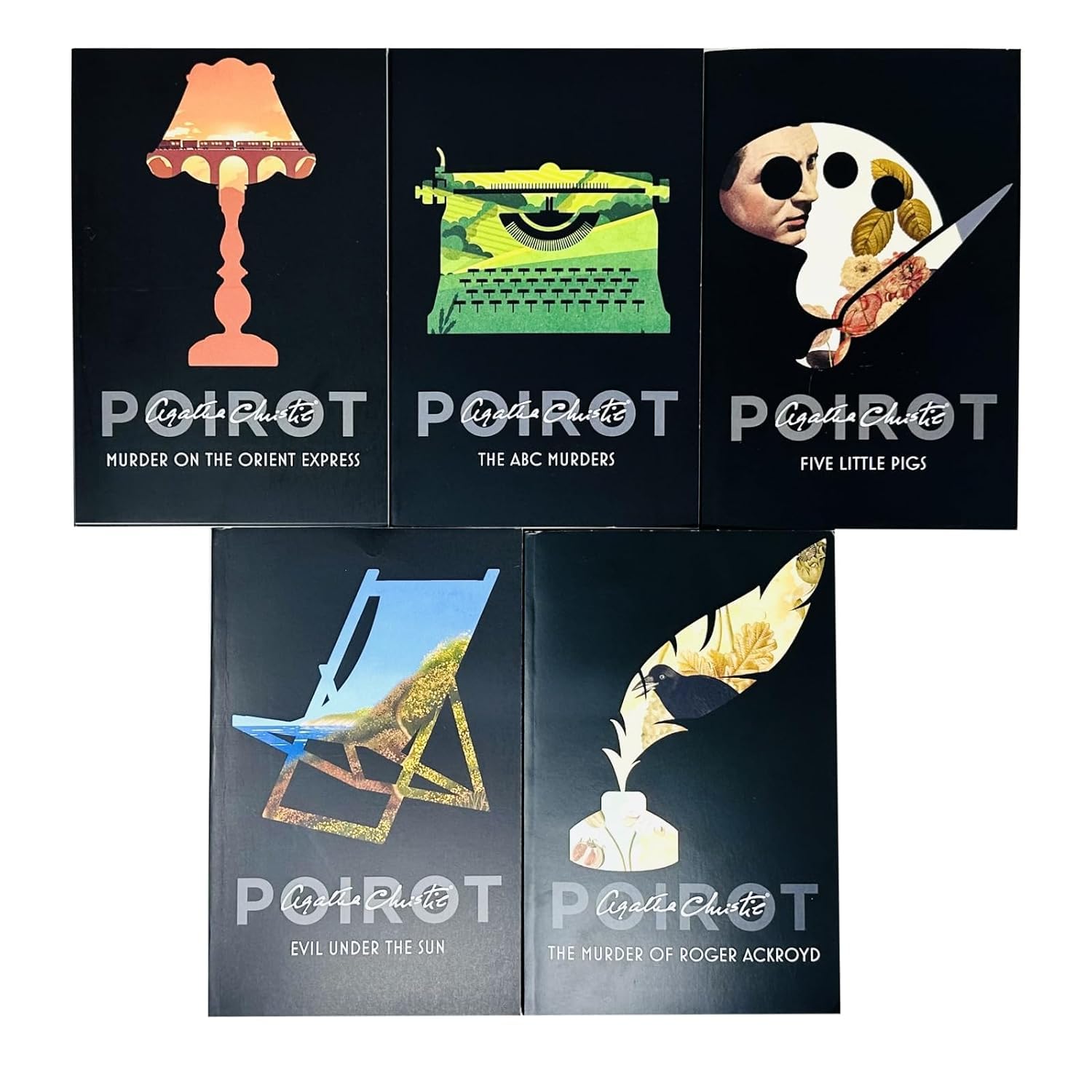 Stack of five Agatha Christie Hercule Poirot paperback novels showing spine and cover detail.