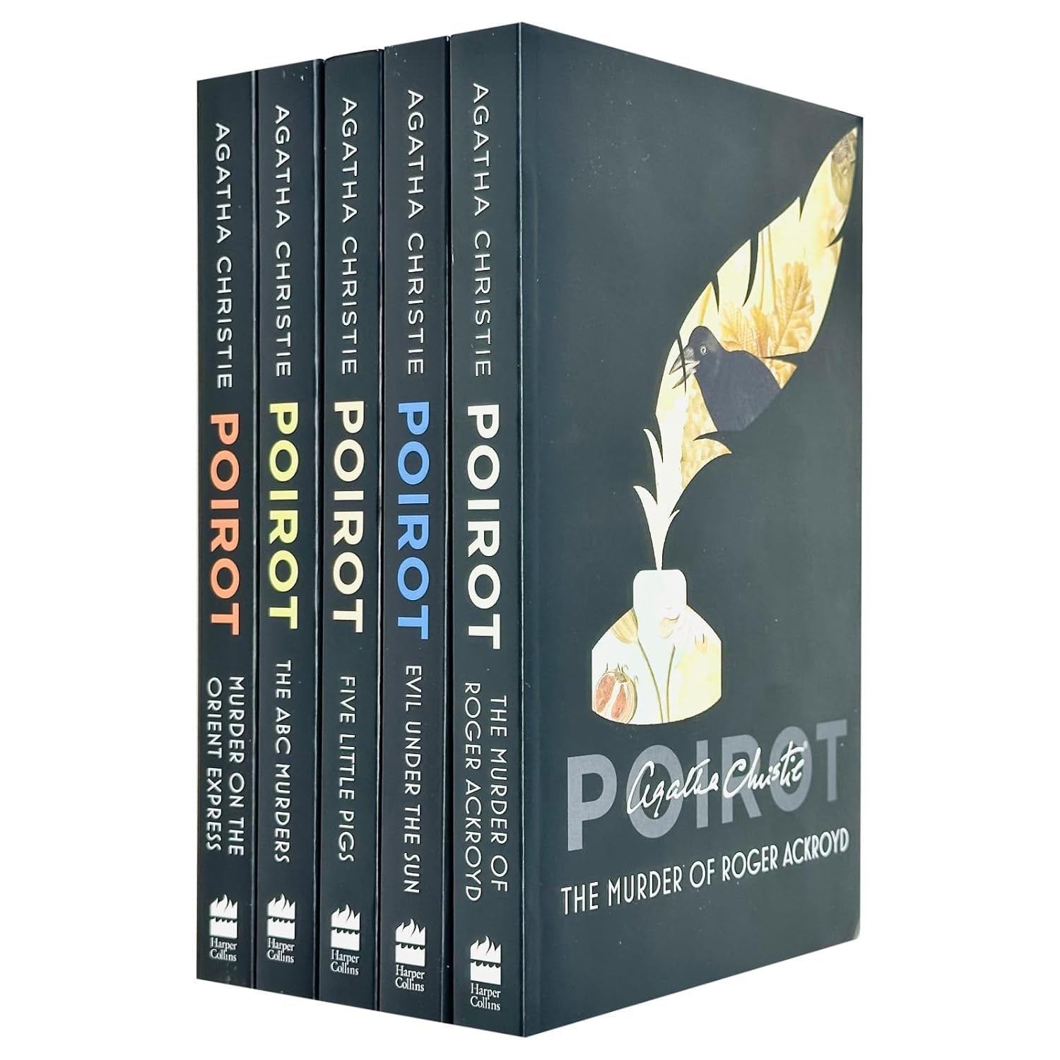 Hercule Poirot Series by Agatha Christie 5 books collection set paperback books displayed on a wooden surface.