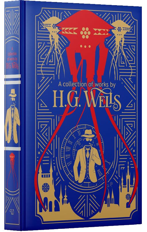 Full set of six H.G. Wells leather-bound novels displayed side by side, showing spines and titles.