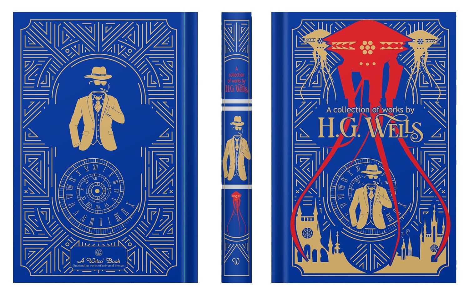 Close-up of the H.G. Wells leather-bound collection highlighting gilded page edges and embossed detailing.