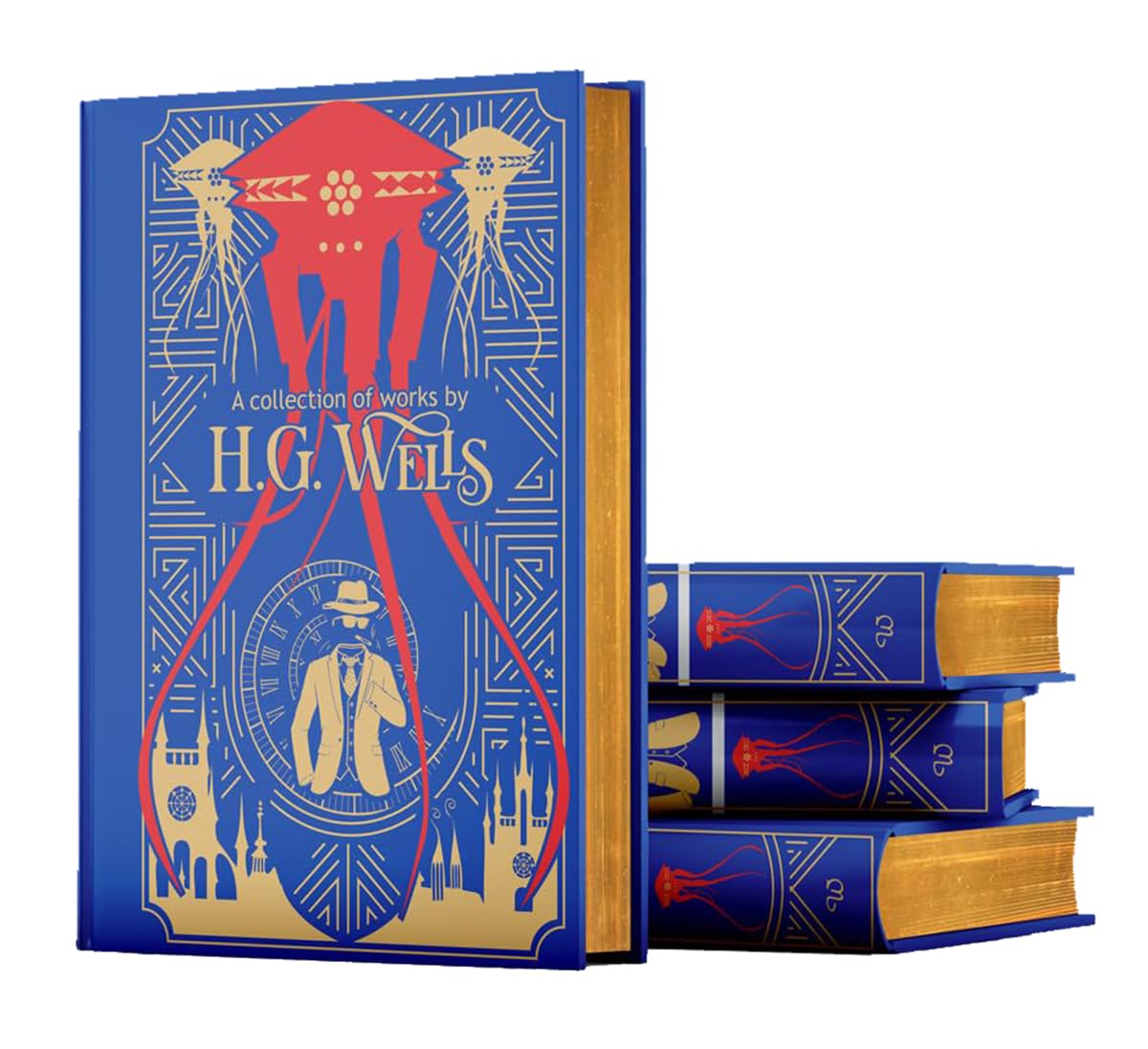 Angled shot of the H.G. Wells 6-book leather-bound collection fanned out to show each individual title.