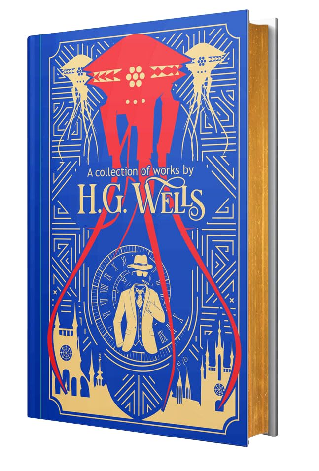 Front cover of the H.G. Wells Collection 6-book leather-bound fiction set showing embossed cover design.
