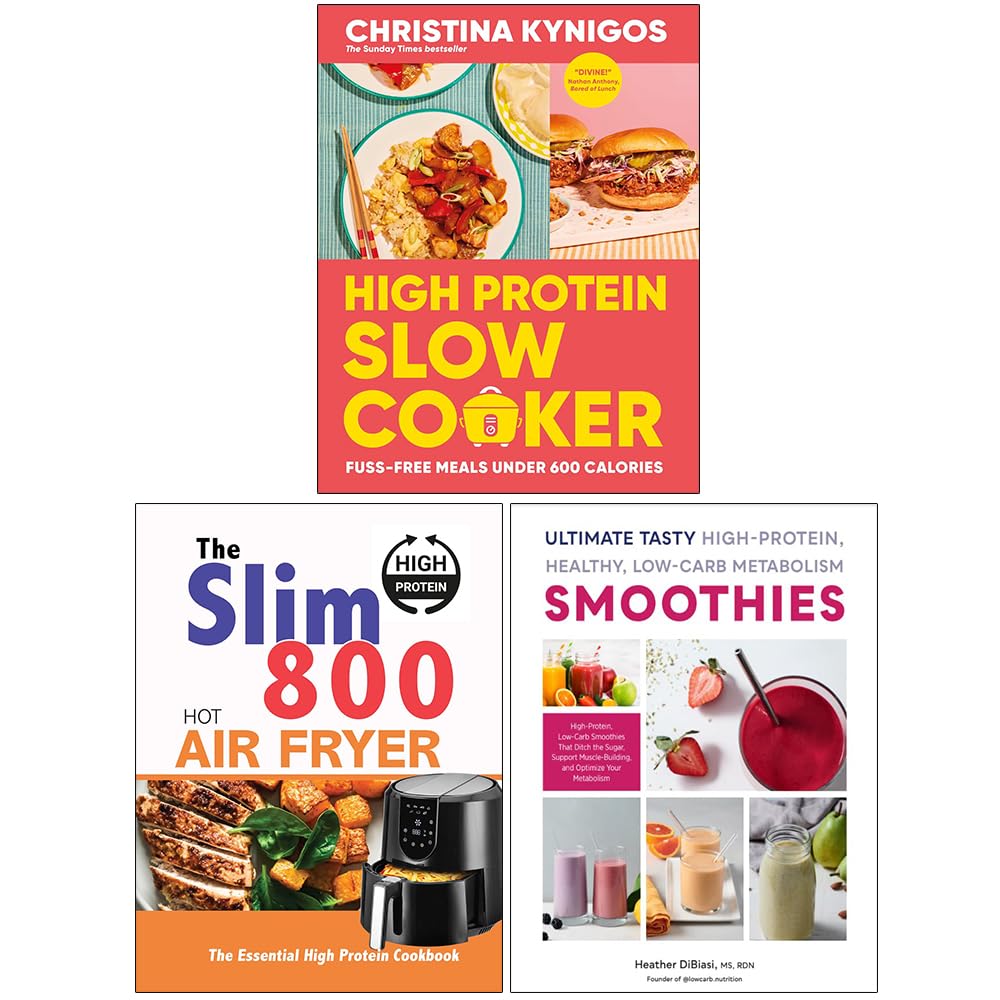High Protein Cookbook 3 Books Collection Set paperback front cover, including High Protein Slow Cooker and Slim 800 Hot Air Fryer titles