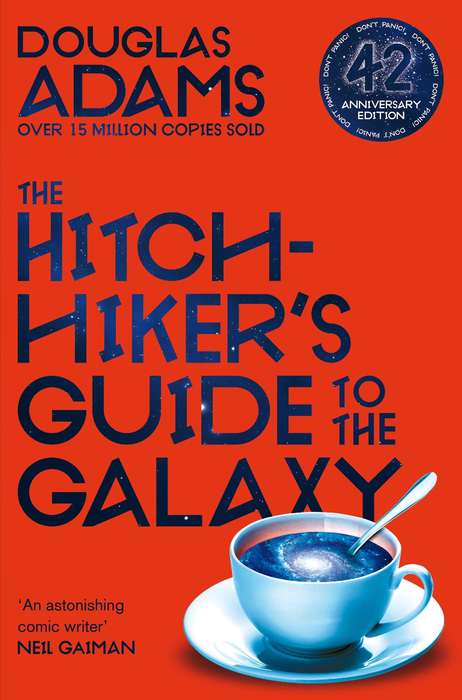 Stacked view of all five Hitchhiker's Guide to the Galaxy paperback novels by Douglas Adams