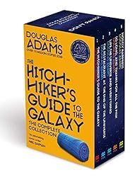 Back cover of a Hitchhiker's Guide to the Galaxy paperback showing synopsis and Douglas Adams author bio