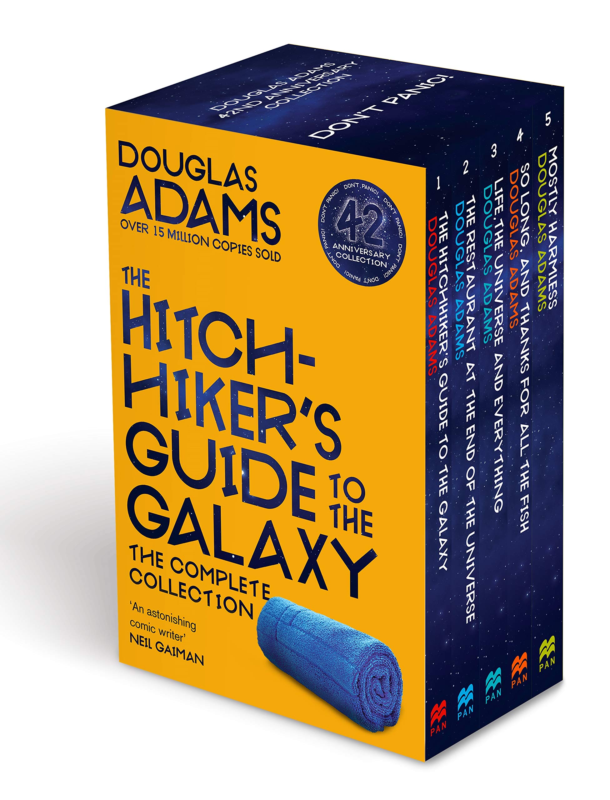 Front cover view of The Hitchhiker's Guide to the Galaxy 5 book paperback box set by Douglas Adams