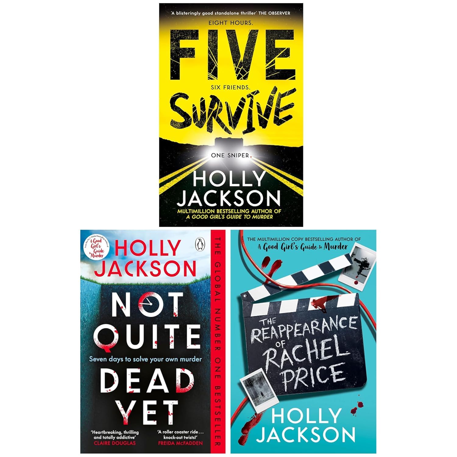 Holly Jackson 3 Books Collection Set paperback front cover featuring Five Survive, Not Quite Dead Yet, and The Reappearance of Rachel Price