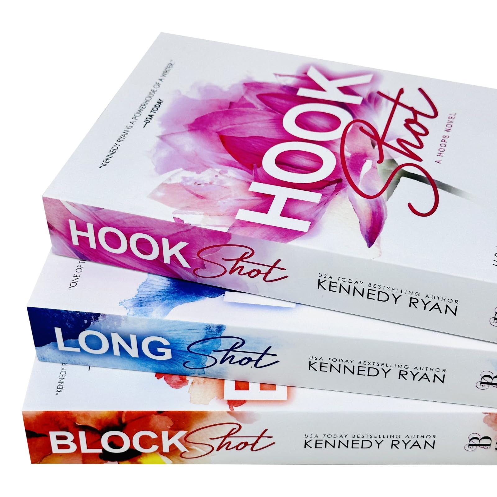 Close-up spine view of the Hoops Series 3-book paperback collection set by Kennedy Ryan