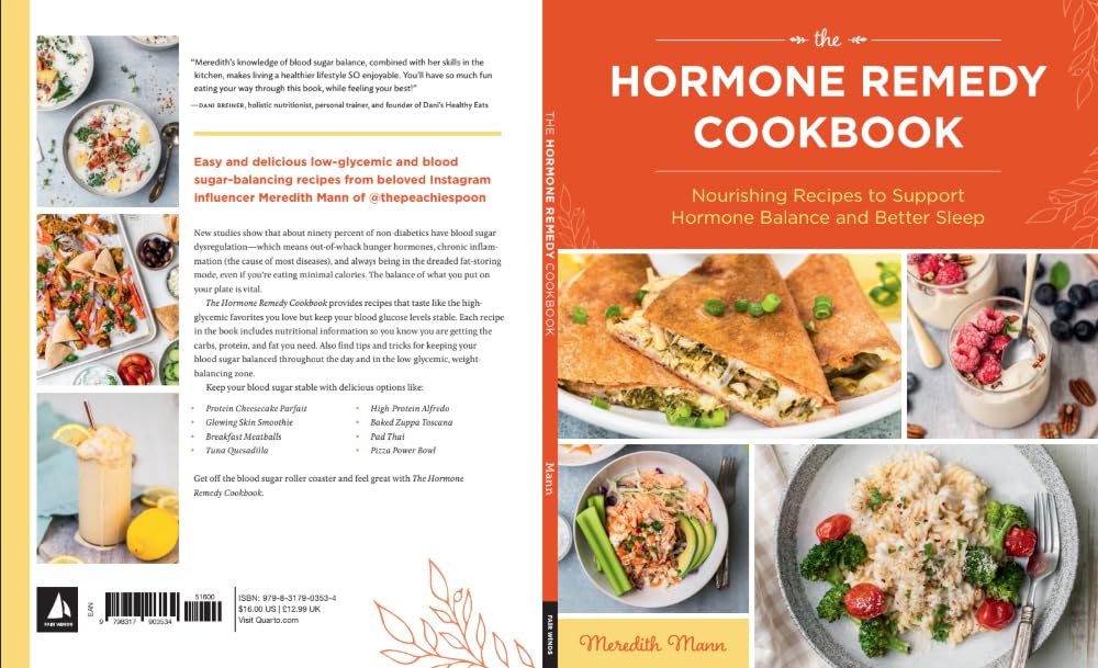 Side angle view of The Hormone Remedy Cookbook by Meredith Mann, a brand new paperback health and wellness recipe book