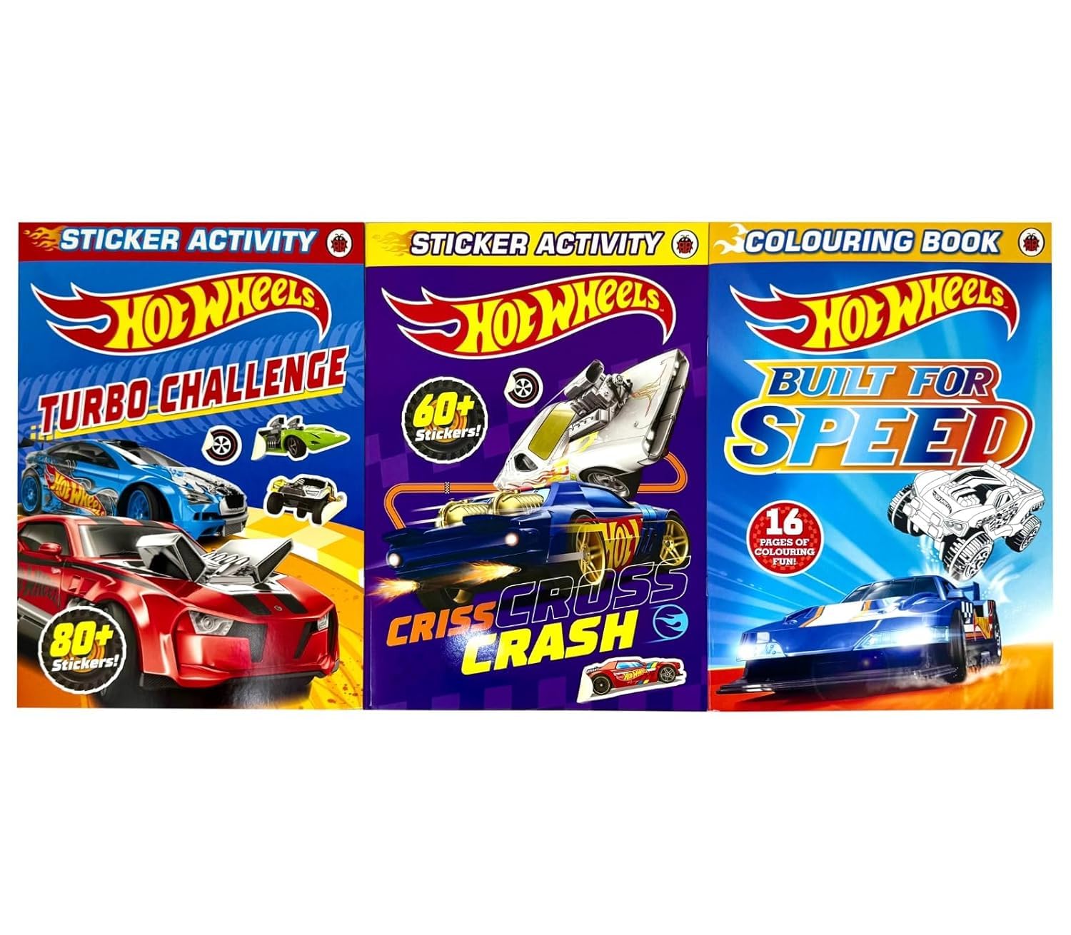 Close-up of Hot Wheels sticker activity book pages with vehicle stickers and puzzle activities