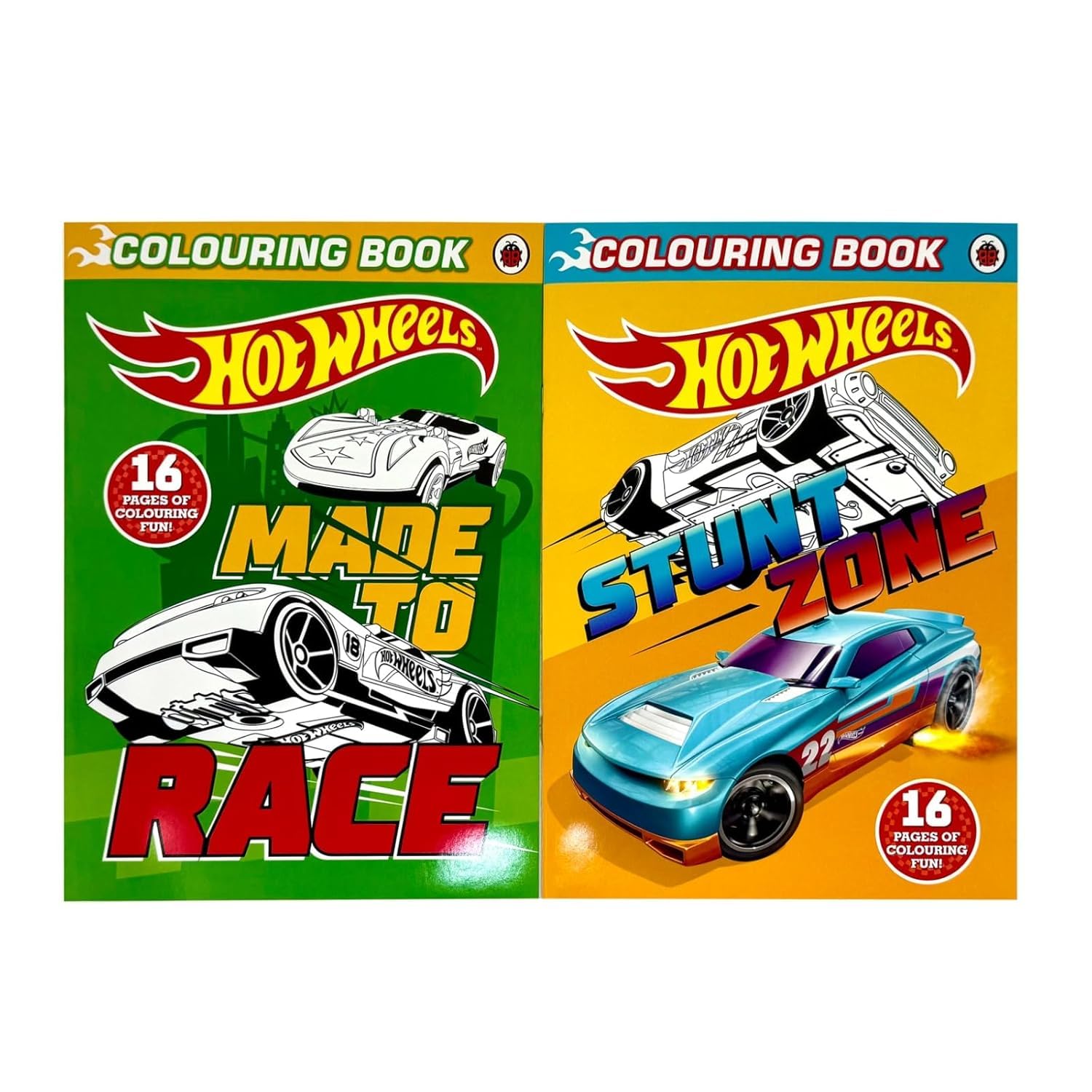 Hot Wheels coloring book inside page spread with race car illustrations ready to color