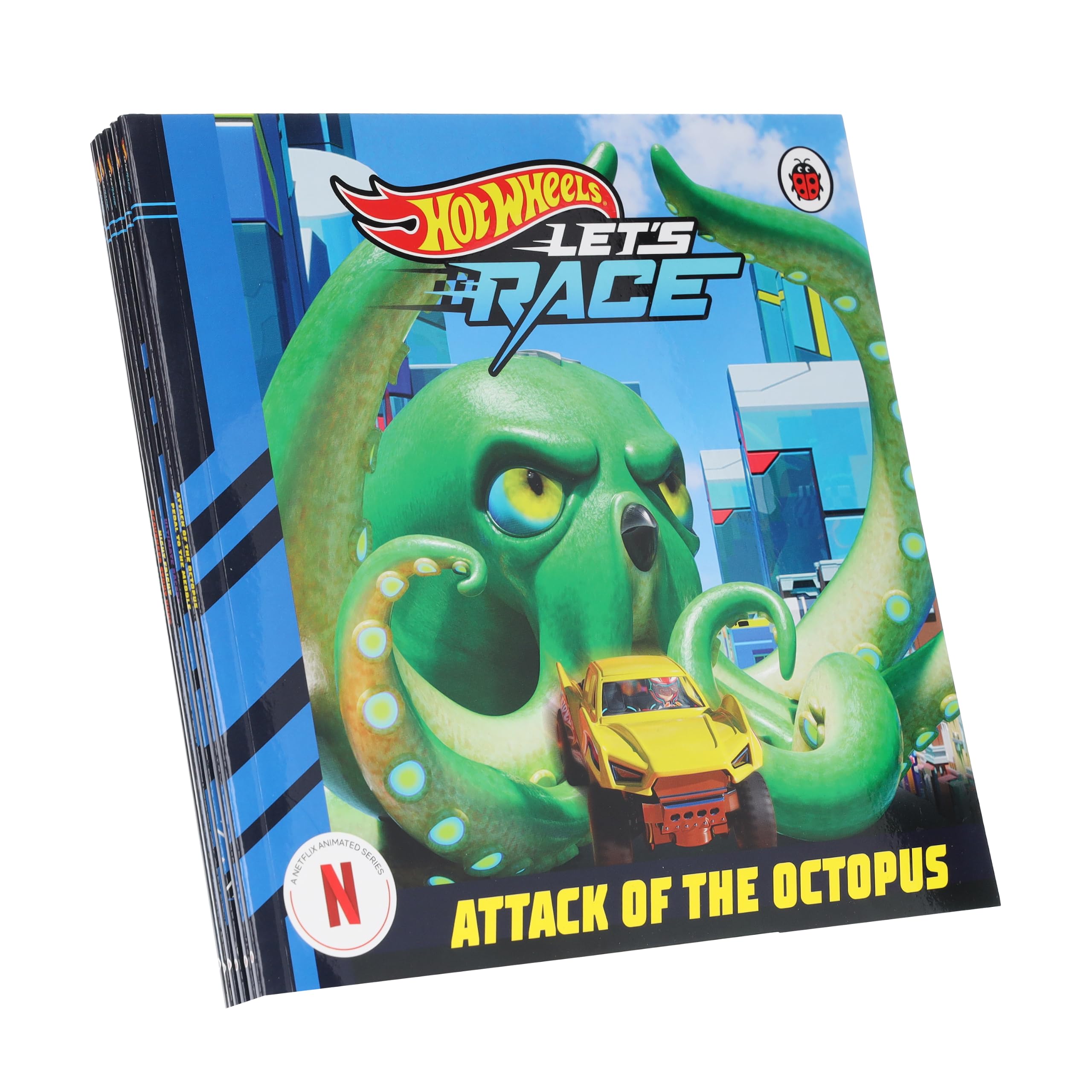 Back cover of the Hot Wheels Let's Race paperback storybook set listing all six titles including Ultimate Racers and Night Fright