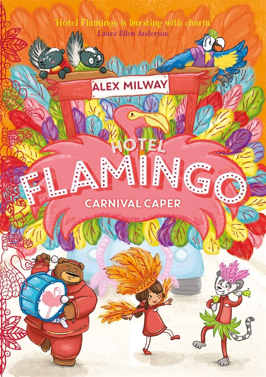 Back cover blurb of Hotel Flamingo paperback by Alex Milway describing the animal hotel adventure