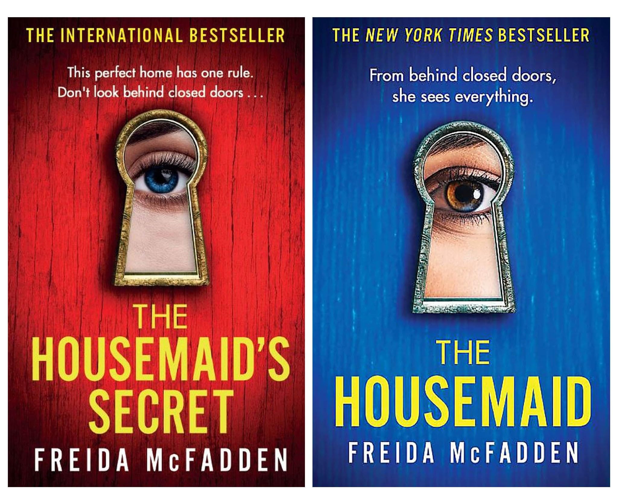 Front covers of The Housemaid and The Housemaid's Secret paperback books by Freida McFadden, 2-book fiction thriller collection set
