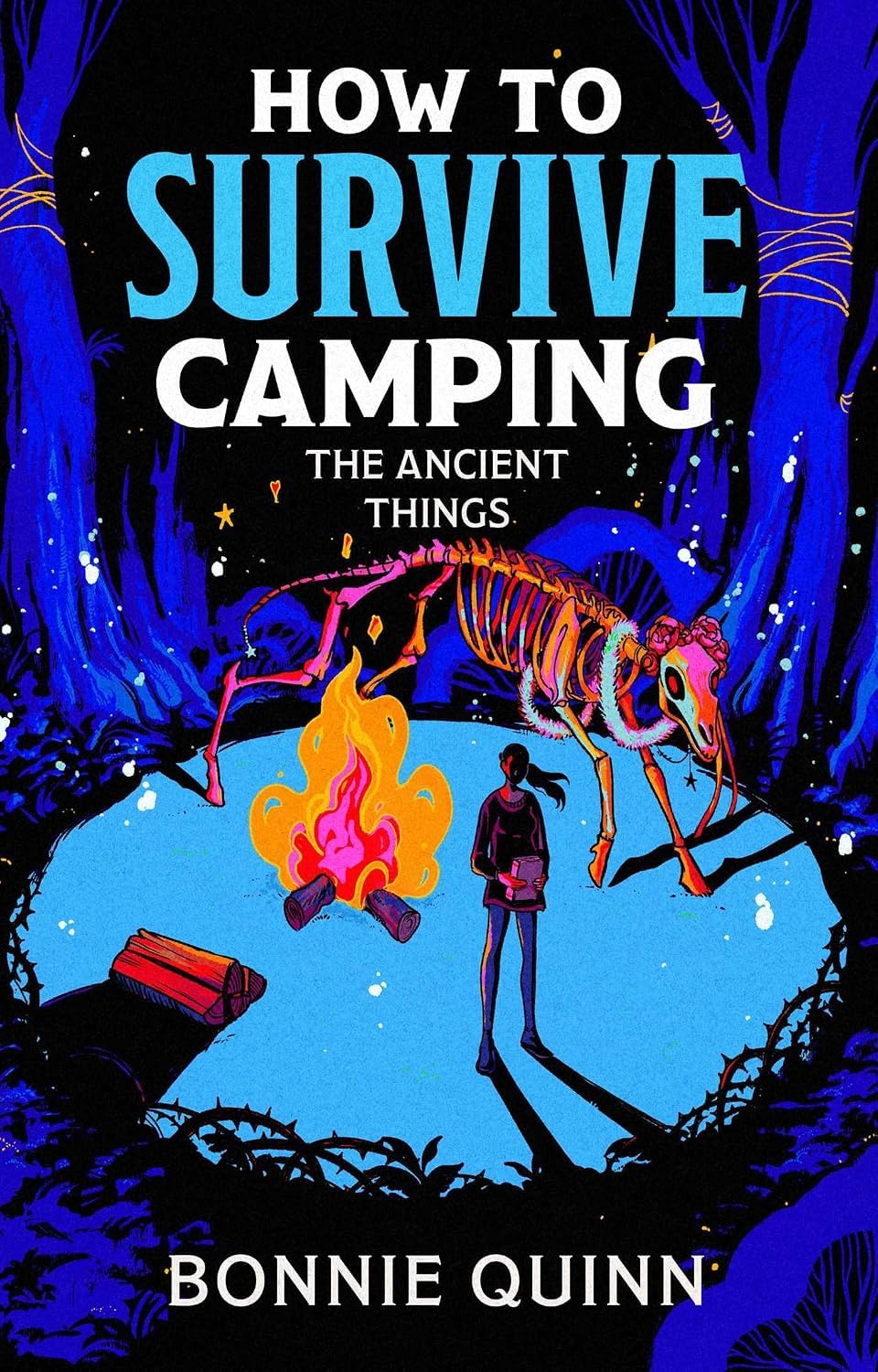 Close-up of the How to Survive Camping horror-comedy trilogy paperback spines and covers by Bonnie Quinn