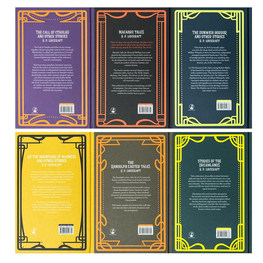 All six hardback spines of the H.P. Lovecraft Collection Set fanned out together