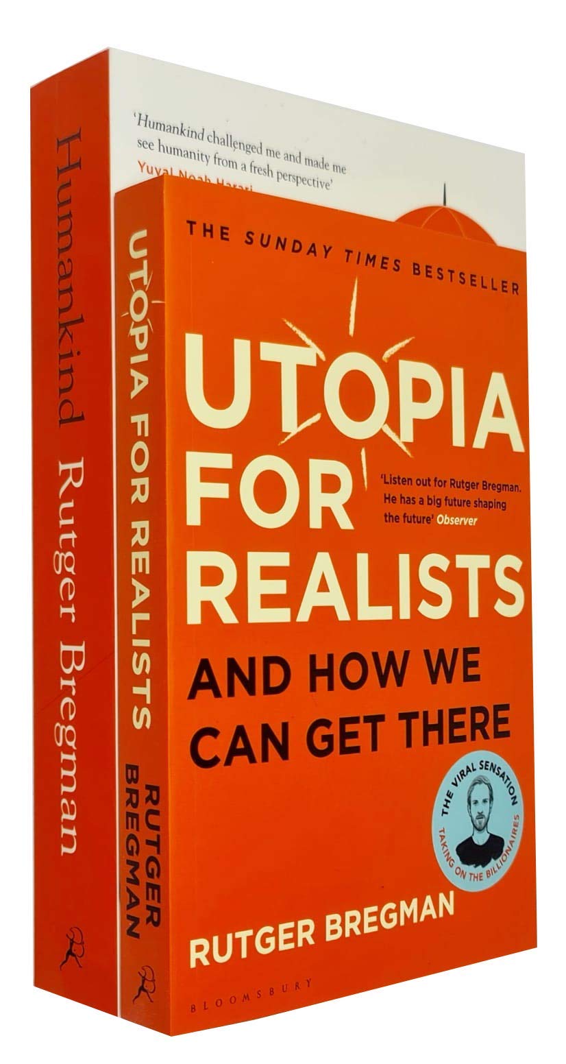 Both paperback books in the Rutger Bregman Humankind and Utopia for Realists 2 book collection set shown together
