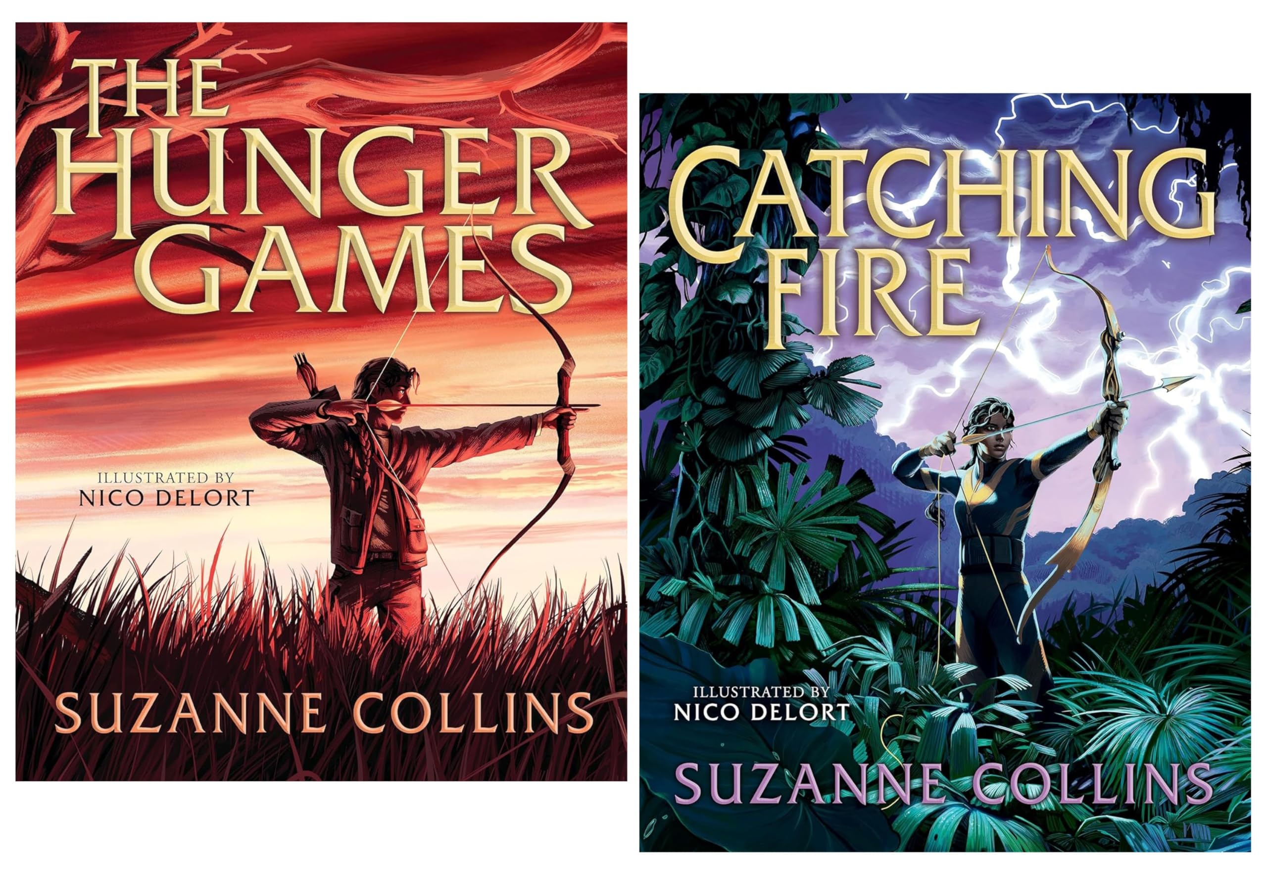 The Hunger Games and Catching Fire Illustrated Editions by Suzanne Collins - front cover of 2-book hardcover set