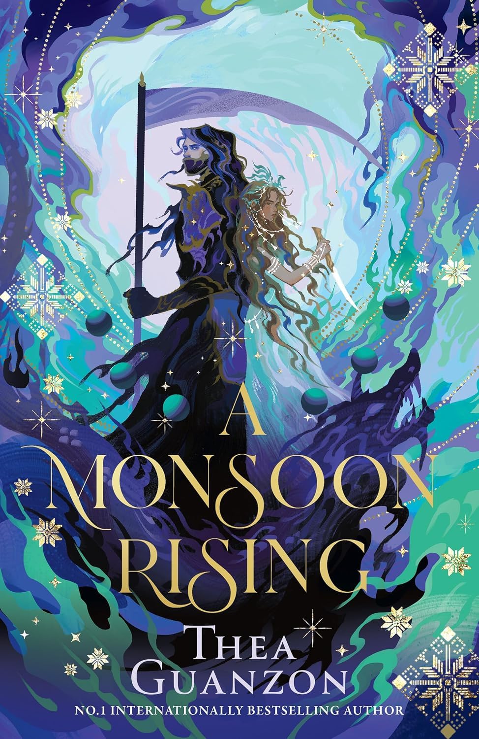 Close-up of A Monsoon Rising paperback cover from the Hurricane Wars trilogy by Thea Guanzon