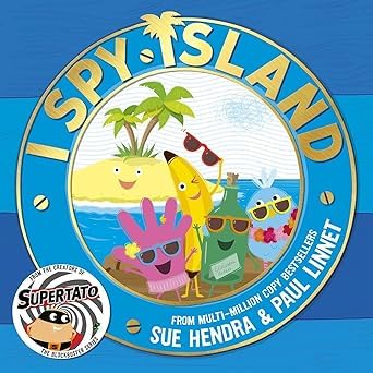 Inside page spread from the I Spy Island paperback series showing bold, colorful illustrations for early readers