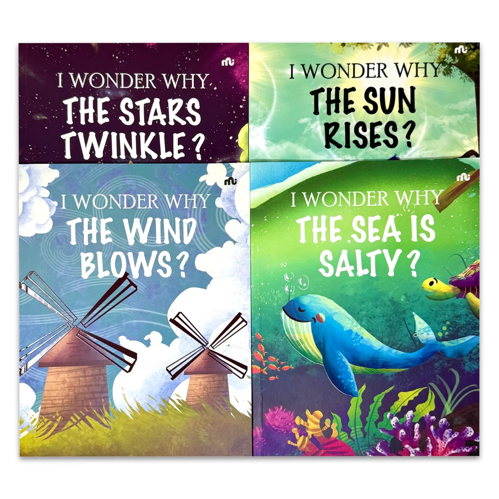 Close-up of I Wonder Why paperback book covers for kids ages 5-8, science question and answer series