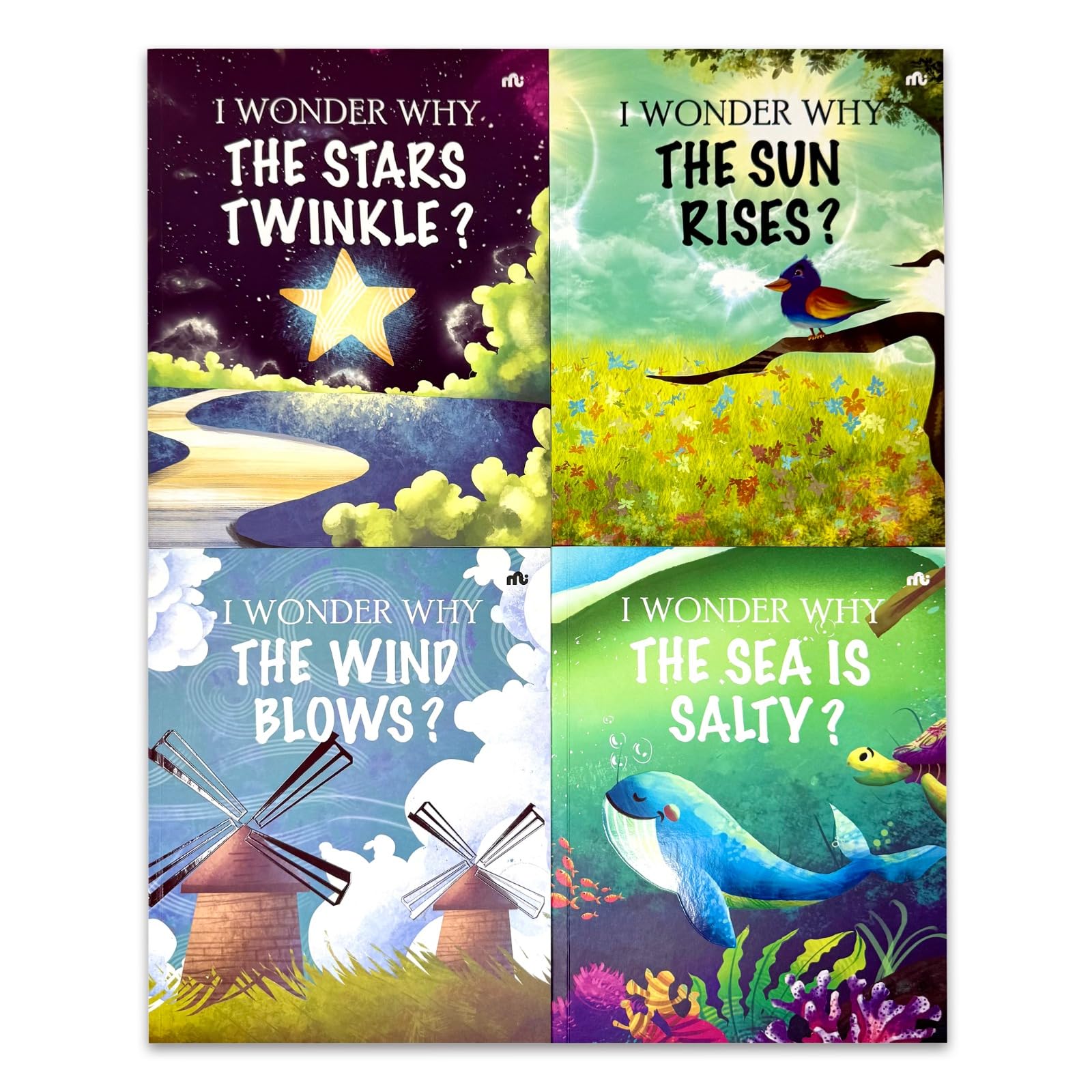 I Wonder Why 4 Books Collection Set paperback front covers showing Stars Twinkle, Sun Rises, Wind Blows, and Sea is Salty