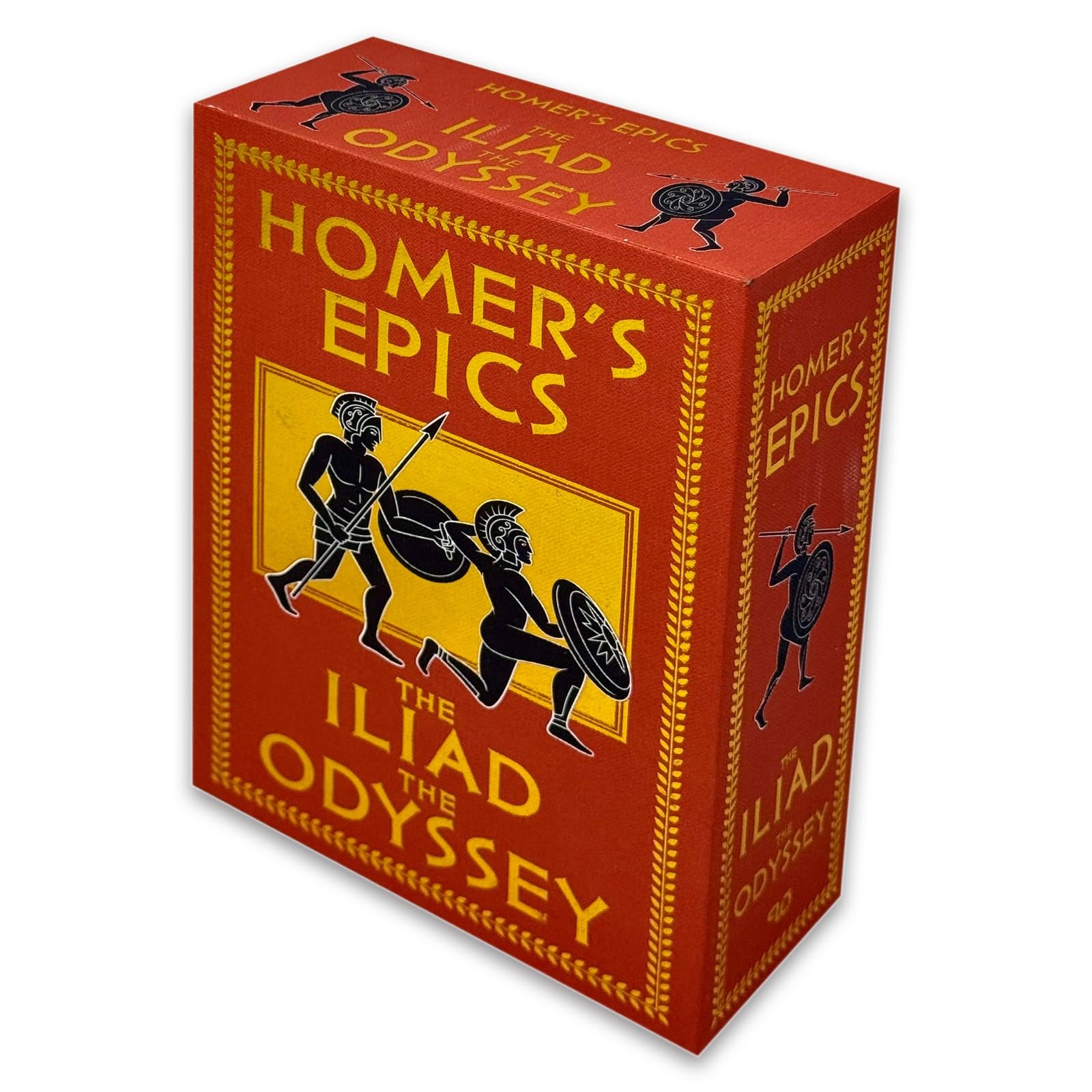 Spines of The Iliad and The Odyssey hardback box set displayed upright on a bookshelf