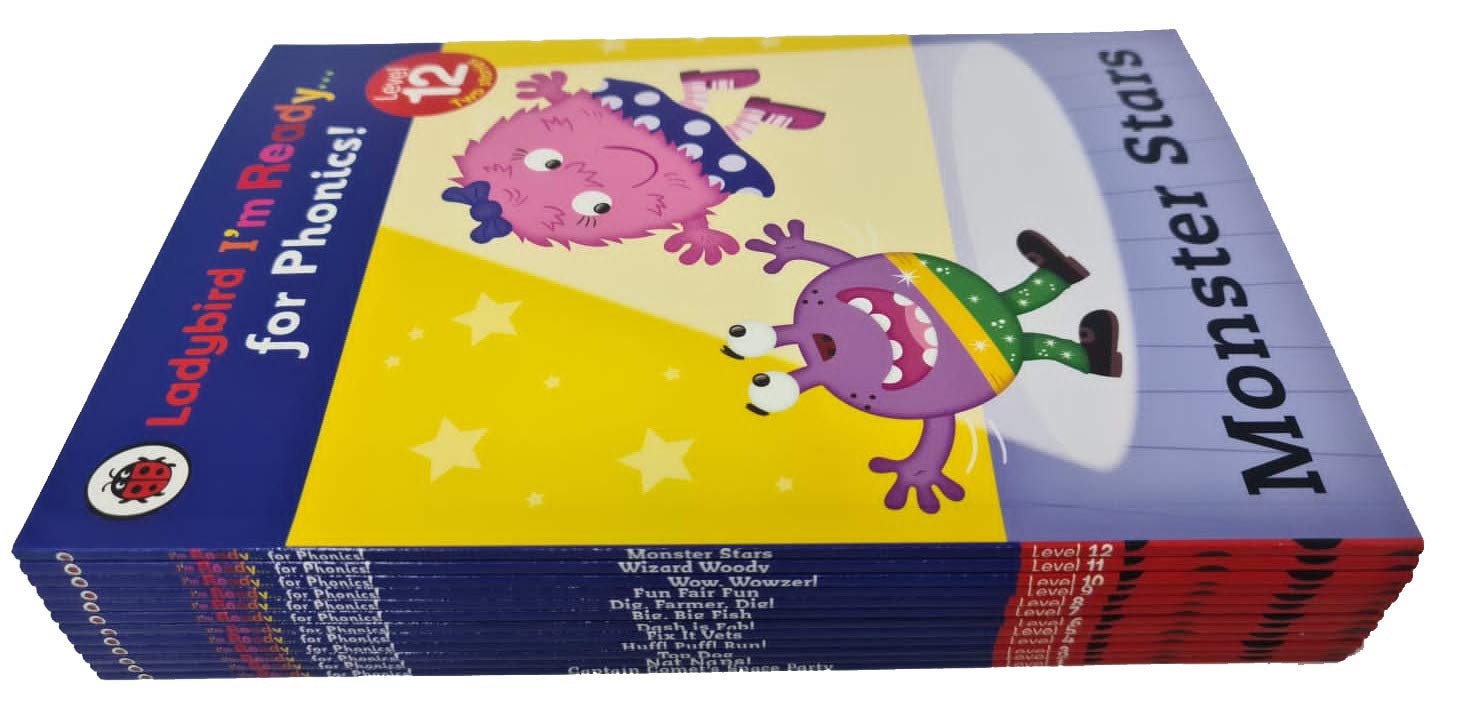 Ladybird I'm Ready for Phonics 12 Books Collection Set fanned out, showing all 12 paperback titles including Top Dog, Nat Naps!, and Monster Stars