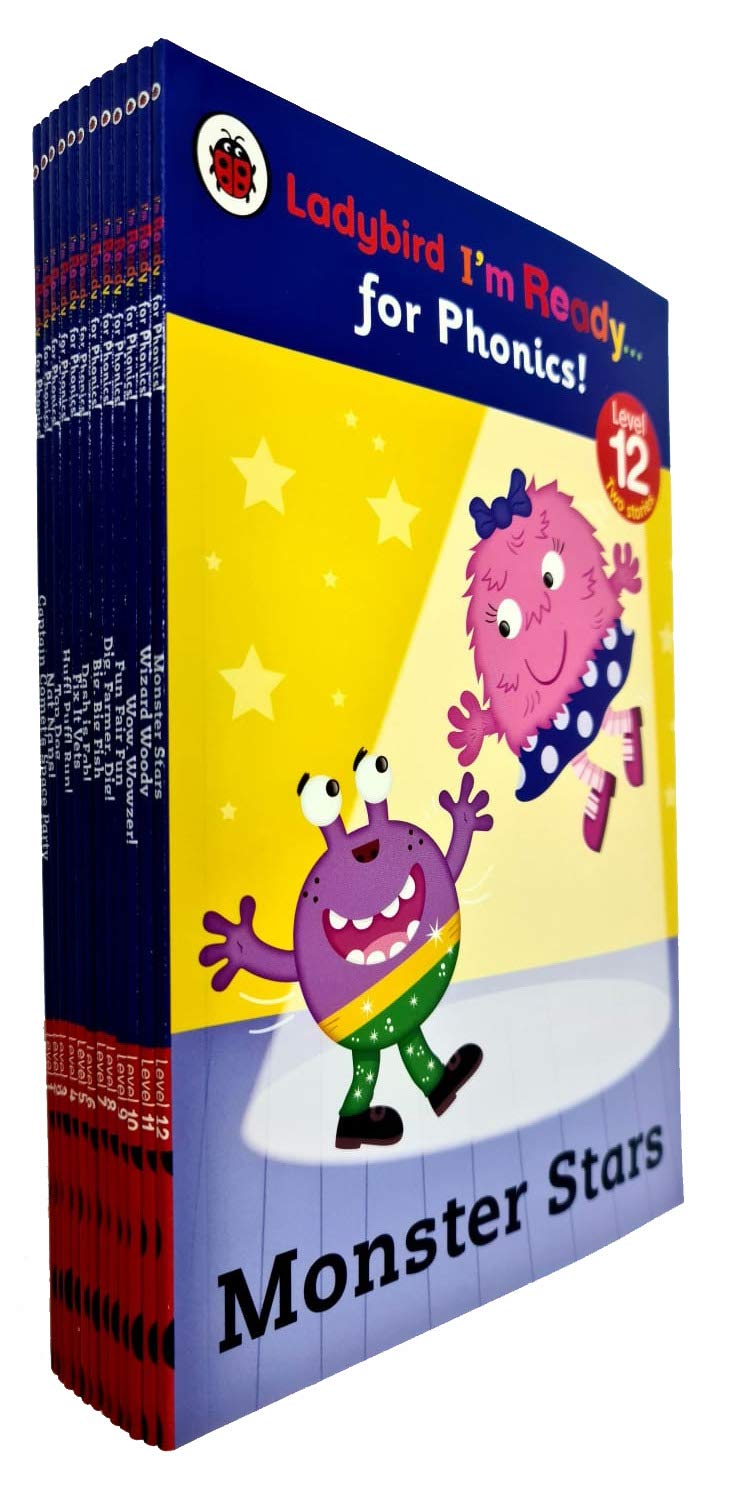 Ladybird I'm Ready for Phonics 12 Books Collection Set front cover artwork, Level 1-12 paperback phonics readers for ages 3-7