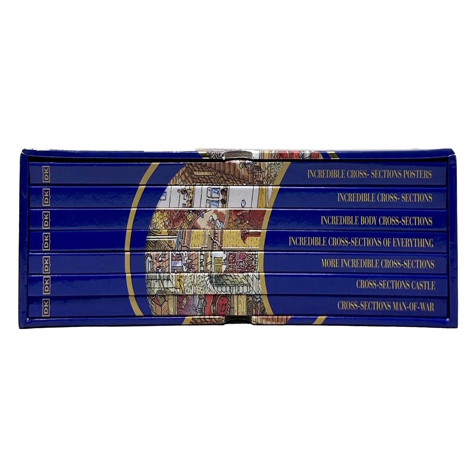 All six hardcover books from the Incredible Cross-Sections collection fanned out, showing titles including Castle, Man-of-War, and Incredible Body Cross-Sections.