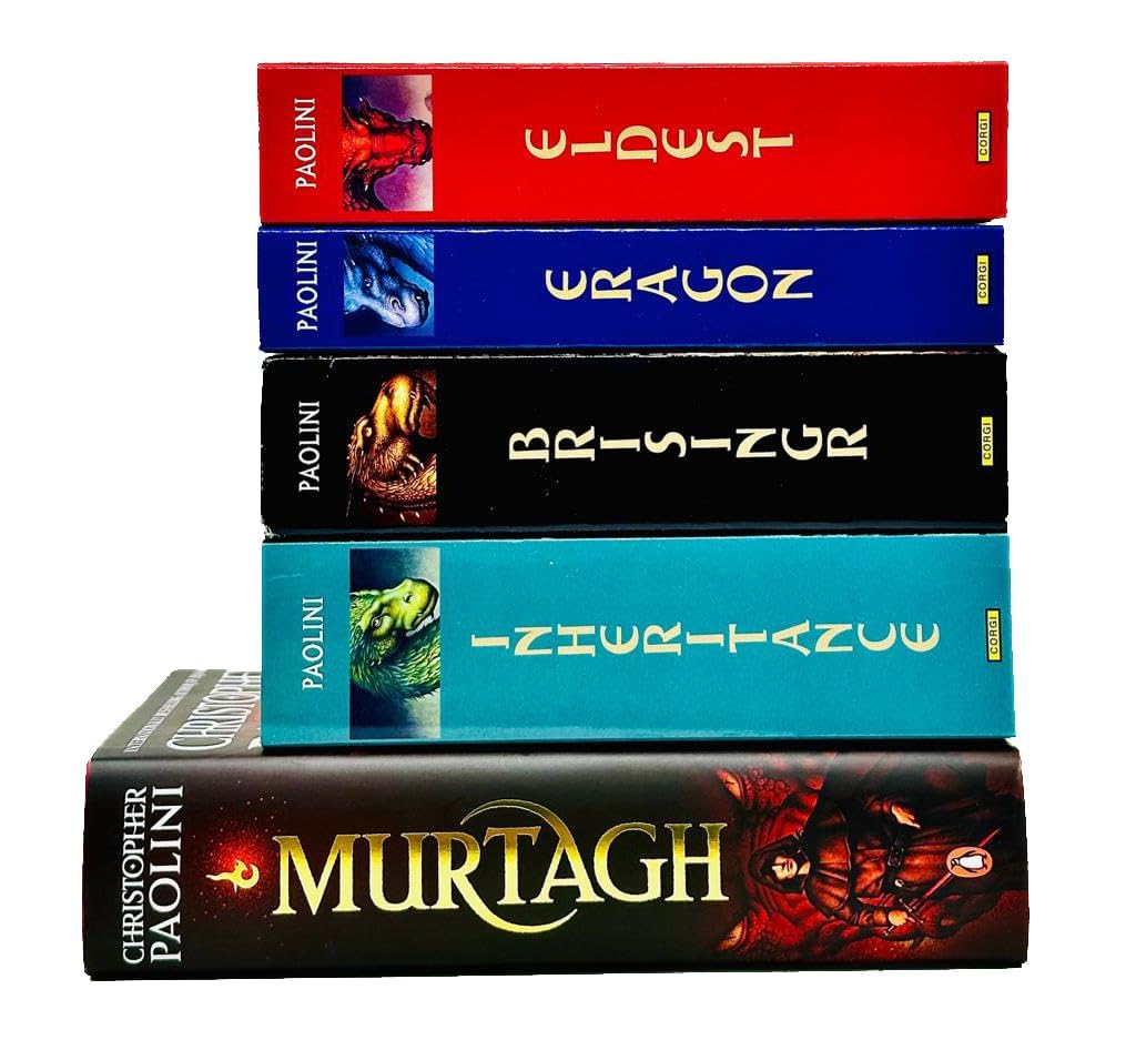 Full set of five paperback books fanned out - Eragon, Eldest, Brisingr, Inheritance, and Murtagh covers