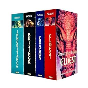 Close-up of the four paperback spines from the Inheritance Cycle set: Eragon, Eldest, Brisingr, and Inheritance