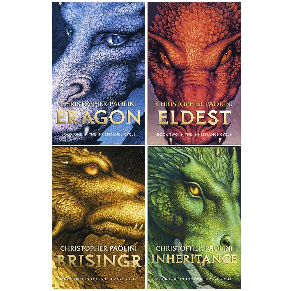 All four Inheritance Cycle paperback books by Christopher Paolini fanned out to show full cover artwork