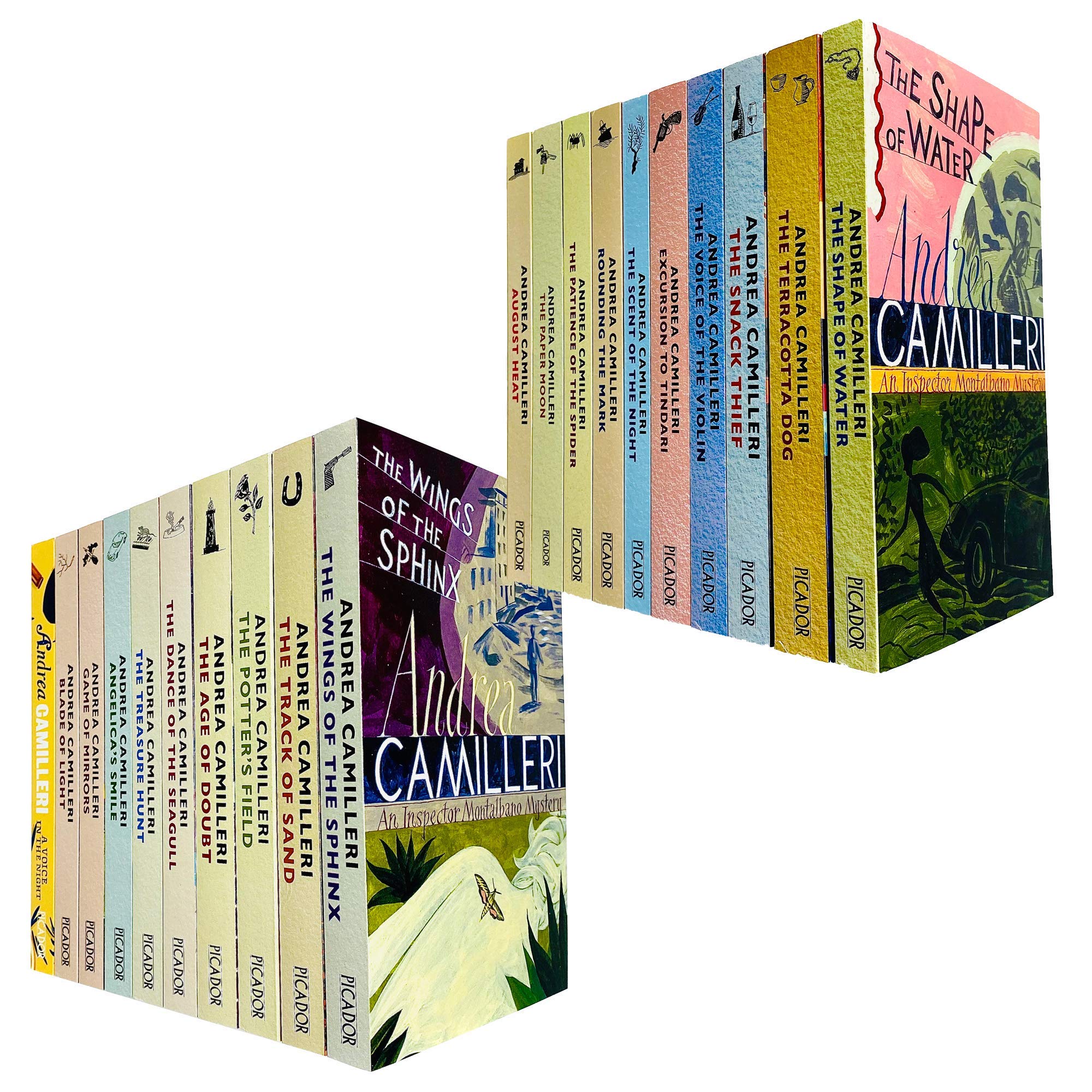 Close-up of Inspector Montalbano Mysteries paperback covers by Andrea Camilleri highlighting the Sicilian crime series artwork