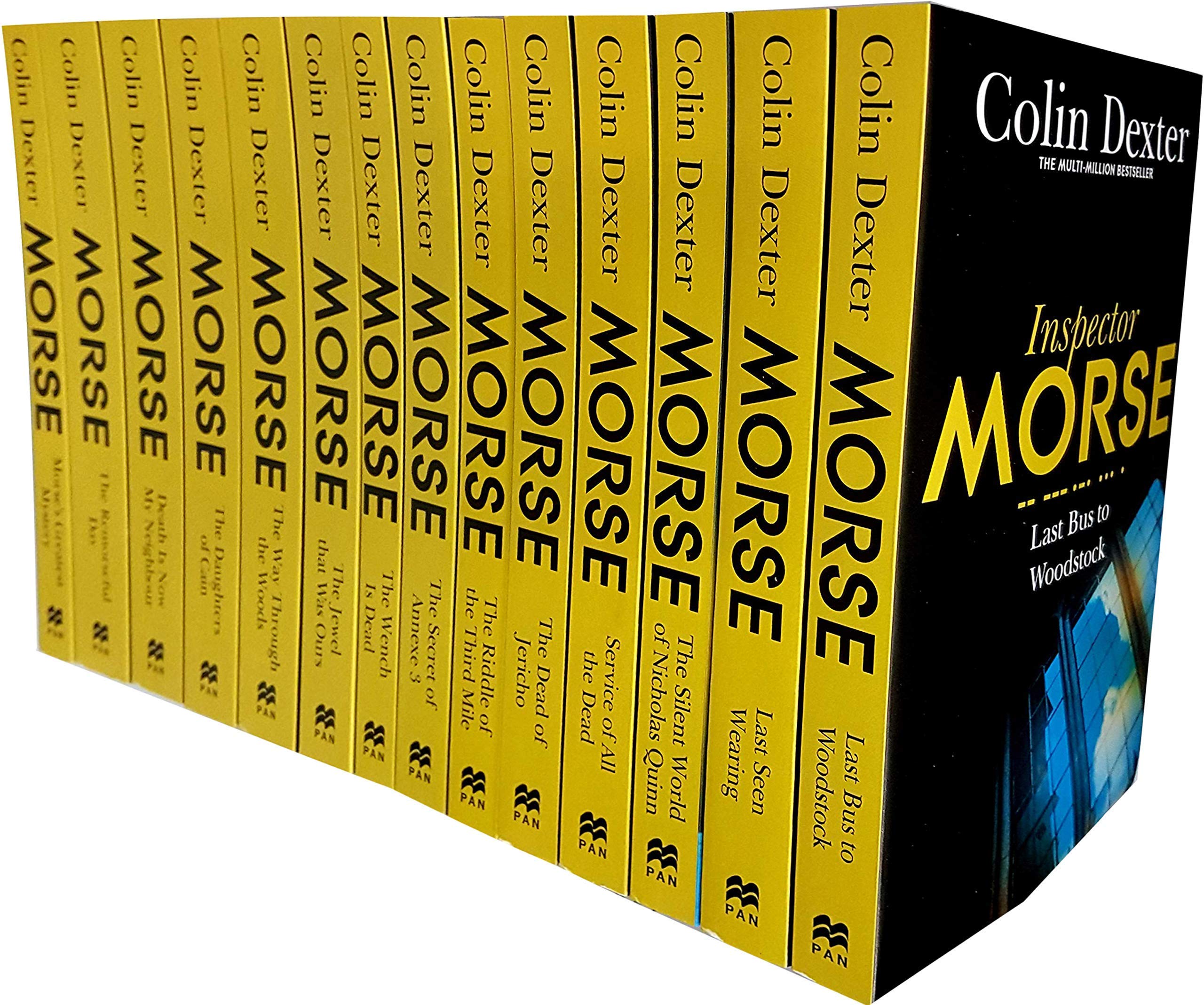 Inspector Morse 14 book paperback collection by Colin Dexter - full set of books fanned out showing all titles