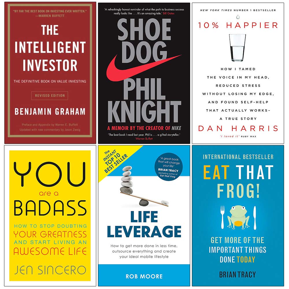 Front cover view of the Intelligent Investor, Shoe Dog & More 6 Books Collection Set, brand new non-fiction paperbacks by various authors