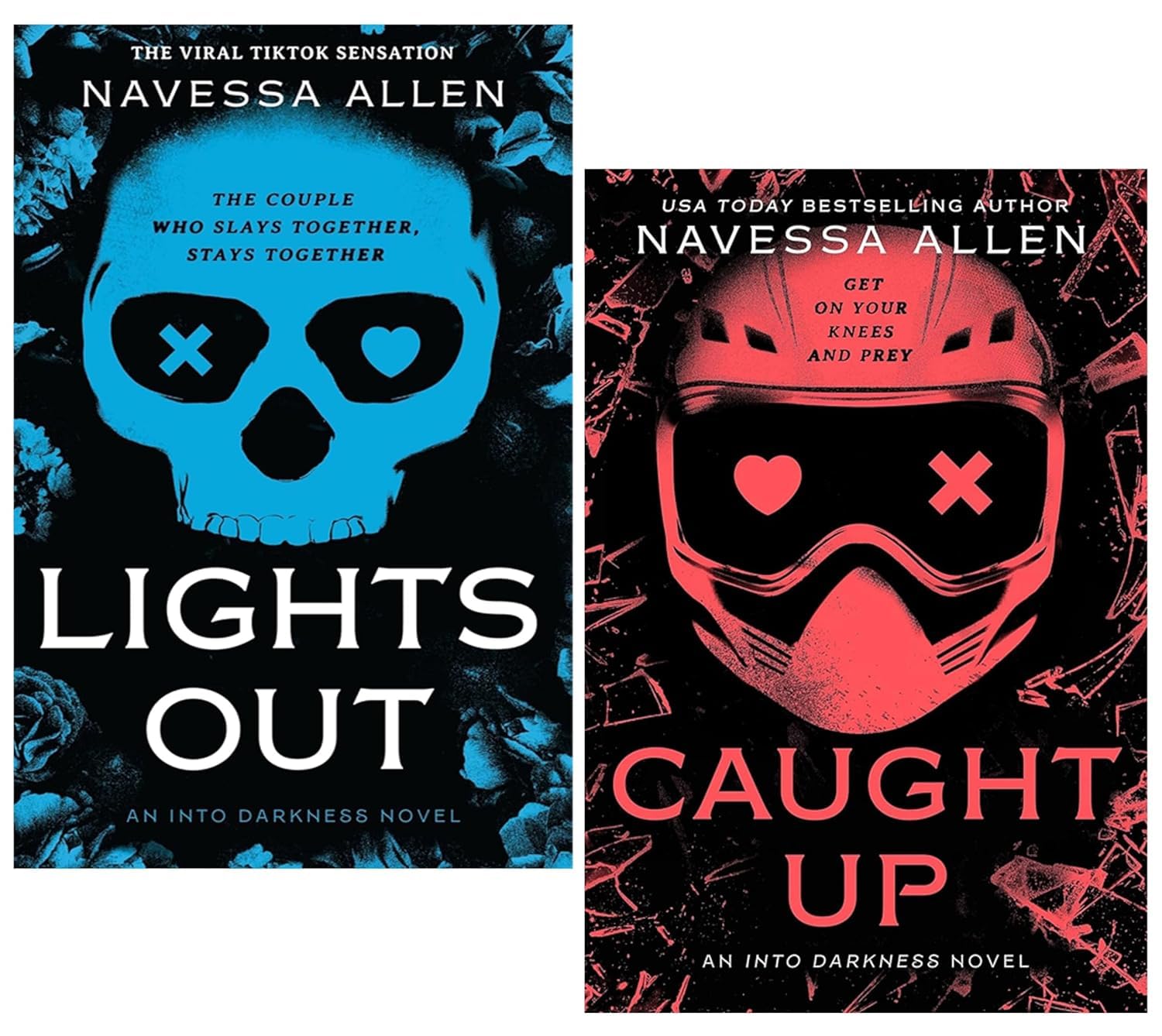 Front covers of the Into Darkness series 2-book paperback set by Navessa Allen, Lights Out and Caught Up, dark romance fiction.