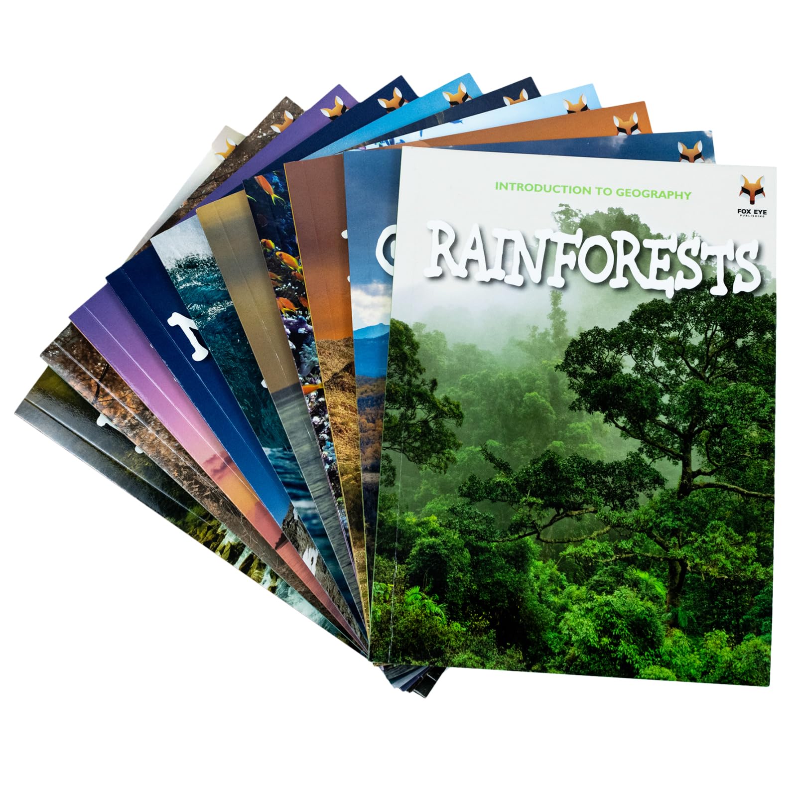 Close-up of the Coral Reefs and Deserts titles showing cover illustrations
